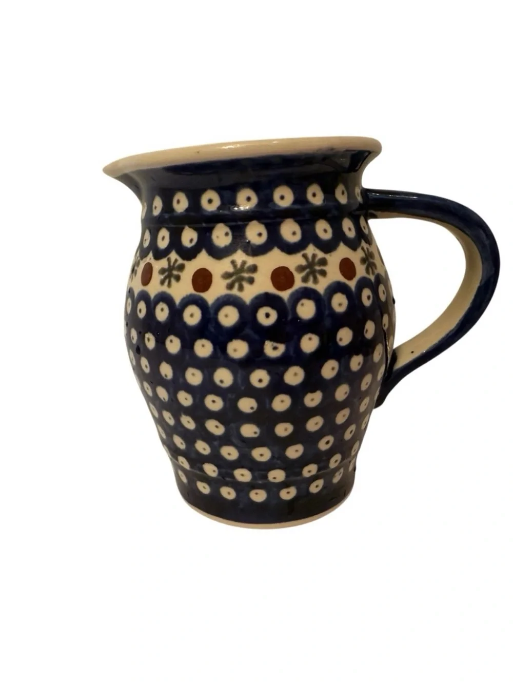 POLISH POTTERY PITCHER BLUE WHITE POLAND HANDMADE HOME DINING SERVE BOLESLAWIEC